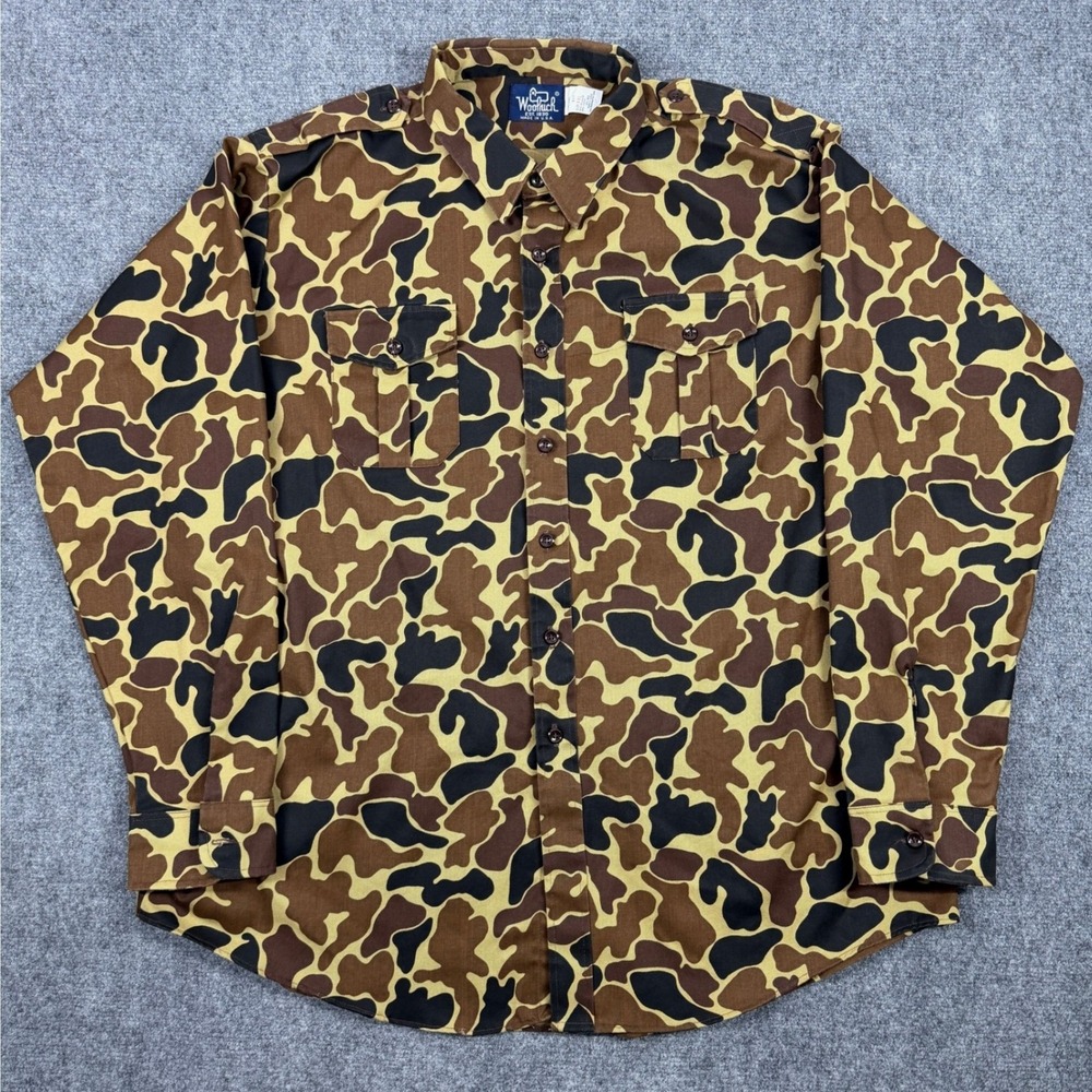 Vintage 80s Woolrich Mens XXL Duck Camo Utility Shirt Made in USA Button Down